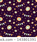 Watercolor seamless pattern of festive bunting, stars and circular ornaments on deep purple background. Hand painted colorful ornate for party decoration, celebration design, holiday textile print. 143801391