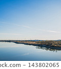 The Tenryu River in winter, with its calm surface reflecting the blue sky: A view of the opposite bank from the Iwata City side (1:1 square aspect ratio) (Shizuoka Prefecture) 143802065