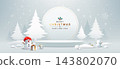 Merry Christmas and happy new year podium display, snowman and christmas tree on snow banner 143802070