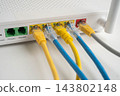 Ethernet cable with wireless router connect to internet service provider network. 143802148