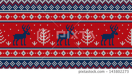Christmas knitted seamless pattern featuring blue reindeers, white pine trees, and Nordic geometric ornaments on red and blue background. Festive Fair Isle sweater textile texture, winter holiday Christmas knitted seamless pattern featuring blue reindeers, white pine trees, and Nordic geometric ornaments on red and blue background. Festive Fair Isle sweater textile texture, winter holiday 143802273