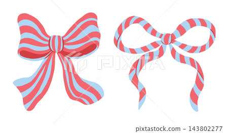 Striped bow tied ribbon vector illustration set in pink and blue colors. Cute gift wrapping decoration, festive knot accessory, and holiday ornament Striped bow tied ribbon vector illustration set in pink and blue colors. Cute gift wrapping decoration, festive knot accessory, and holiday ornament 143802277