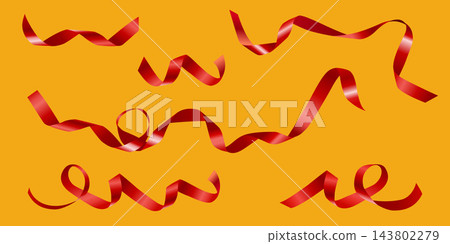 Red satin ribbon waves vector illustration set. Shiny silk curled tape collection, festive gift decoration, and holiday celebration ornament concept 143802279
