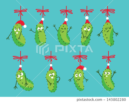 Christmas pickle ornaments vector illustration set with cute funny faces and santa hats hanging on red ribbons. Traditional xmas tree decoration, cheerful holiday characters, and New Year celebration Christmas pickle ornaments vector illustration set with cute funny faces and santa hats hanging on red ribbons. Traditional xmas tree decoration, cheerful holiday characters, and New Year celebration 143802280