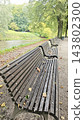 Row of empty wooden park benches beside a calm river, with autumn leaves, green trees, and a paved riverside walkway in a landscaped park setting 143802300