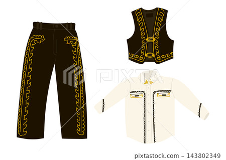 Traditional mariachi clothing set with black embroidered trousers, decorative vest, and cream button shirt arranged as a flat illustration on white background Traditional mariachi clothing set with black embroidered trousers, decorative vest, and cream button shirt arranged as a flat illustration on white background 143802349