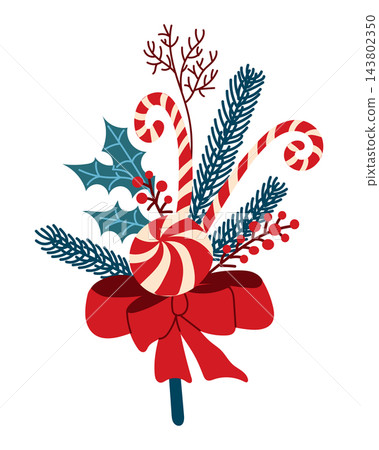 Christmas bunch illustration with red bow, candy canes, peppermint candy, holly leaves, berries, evergreen branches, and bare twigs on white Christmas bunch illustration with red bow, candy canes, peppermint candy, holly leaves, berries, evergreen branches, and bare twigs on white 143802350