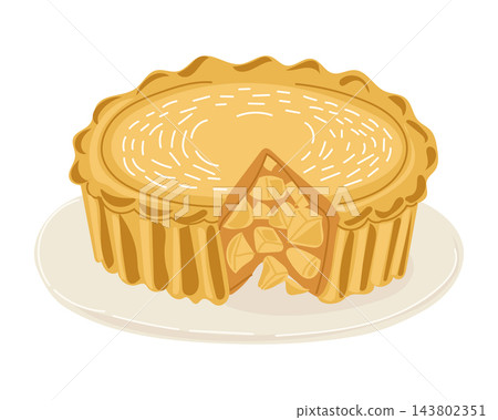 Apple pie illustration with golden crust, lattice cut detail, sliced filling, and decorative pastry pattern on a plate, isolated food artwork Apple pie illustration with golden crust, lattice cut detail, sliced filling, and decorative pastry pattern on a plate, isolated food artwork 143802351