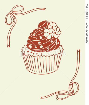 Cupcake illustration with swirled frosting, flower decorations, striped wrapper and ribbon ornaments on a light background, decorative dessert artwork Cupcake illustration with swirled frosting, flower decorations, striped wrapper and ribbon ornaments on a light background, decorative dessert artwork 143802352