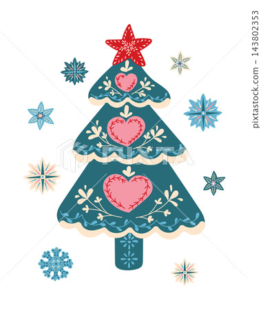 Decorative Christmas tree illustration with layered teal branches, red hearts, white botanical ornaments, star topper, and snowflakes on a white background Decorative Christmas tree illustration with layered teal branches, red hearts, white botanical ornaments, star topper, and snowflakes on a white background 143802353