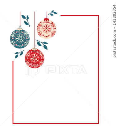 Christmas card with three floral patterned hanging ornaments, botanical branches, red border, and large blank central space for seasonal greeting design 143802354