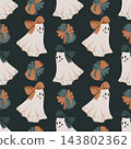 Seamless Halloween pattern with cute sheet ghosts wearing bows and witch hats alongside autumn leaves on a dark background decorative illustration 143802362