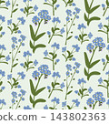 Seamless botanical pattern with blue wildflowers, green leaves, and delicate stems arranged across a pale background for textile and wallpaper design 143802363