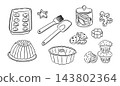 Christmas baking tools and pastries drawn in black line art with cookies, rolling pin, brushes, molds, bundt cake, tart pan, cupcakes, and jar 143802364