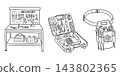 Hand drawn repair tools and organized tool storage with workbench, open case, and waist pouch in a detailed black and white illustration 143802365
