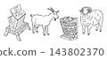 Black and white farm animal illustration with goat, sheep, hay feeders, and wooden livestock manger isolated on a plain background 143802370