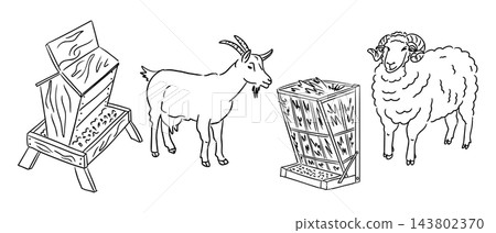 Black and white farm animal illustration with goat, sheep, hay feeders, and wooden livestock manger isolated on a plain background Black and white farm animal illustration with goat, sheep, hay feeders, and wooden livestock manger isolated on a plain background 143802370