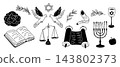 Black and white Jewish symbols illustration with Torah scrolls, menorah, Star of David, scales, doves, apple, wine glass, and open book on white 143802373
