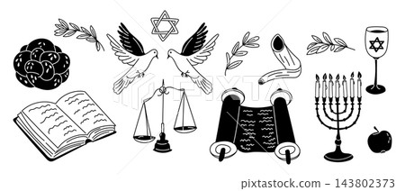 Black and white Jewish symbols illustration with Torah scrolls, menorah, Star of David, scales, doves, apple, wine glass, and open book on white Black and white Jewish symbols illustration with Torah scrolls, menorah, Star of David, scales, doves, apple, wine glass, and open book on white 143802373