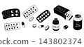 Black and white vitamin supplements, medicine blister packs, capsules, tablets and pill containers arranged as a clean healthcare illustration on white background 143802374