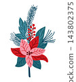 Colorful botanical illustration of red and pink leaves with blue foliage and berries arranged as a decorative floral sprig on white background 143802375