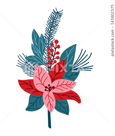 Colorful botanical illustration of red and pink leaves with blue foliage and berries arranged as a decorative floral sprig on white background Colorful botanical illustration of red and pink leaves with blue foliage and berries arranged as a decorative floral sprig on white background 143802375