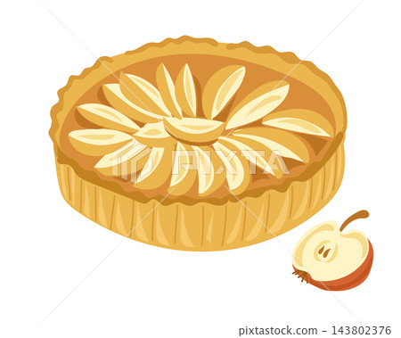 Apple pie illustration with sliced fruit garnish and golden fluted crust on a white background for baking and dessert themes Apple pie illustration with sliced fruit garnish and golden fluted crust on a white background for baking and dessert themes 143802376