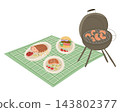 Barbecue grill with grilled food, picnic blanket, plates of meat, burgers, vegetables, and outdoor dining illustration on white background 143802377