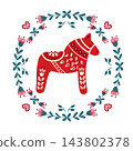 Red decorated wooden horse surrounded by a floral wreath with hearts and leaves in a Scandinavian folk art illustration on a white background 143802378