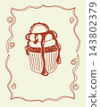 Stylized scarab beetle with striped shell and ornate decorative border in a vintage inspired line art illustration 143802379