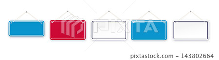 Red and blue shop door signs hanging isolated . Empty or blank sign for store, restaurant or cafe. Vector illustration 143802664