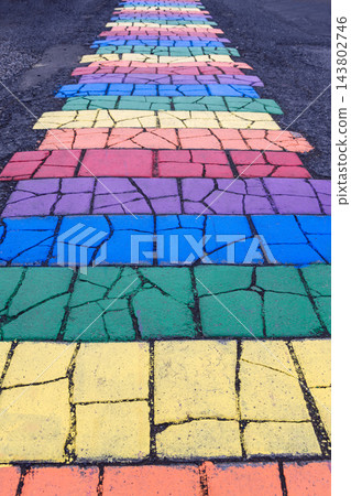 Colorful Rainbow Street pavement detail in Seydisfjordur, East Iceland 143802746