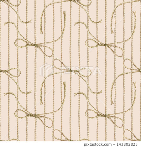 Seamless vertical pattern with ropes and a tied bow knot in beige tones. Watercolor illustration on a beige background for nautical and crafting themes, gift wrapping paper, textile prints, wallpapers Seamless vertical pattern with ropes and a tied bow knot in beige tones. Watercolor illustration on a beige background for nautical and crafting themes, gift wrapping paper, textile prints, wallpapers 143802823