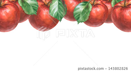 Watercolor red apple horizontal seamless border frame with green leaves on an isolated background Watercolor red apple horizontal seamless border frame with green leaves on an isolated background 143802826