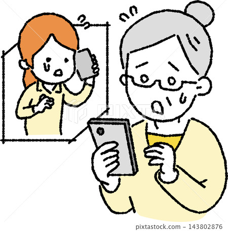 An illustration of a senior woman who is surprised and flustered by a tearful phone call from her family. 143802876