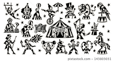 Retro circus characters and props mega vector clipart set. Vintage carnival big bundle with performers, trained animals, marquee tent, and icons Retro circus characters and props mega vector clipart set. Vintage carnival big bundle with performers, trained animals, marquee tent, and icons 143803031