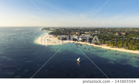 Panorama view of Kendwa village green ocean and sandy beach in Zanzibar 143803504