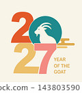 Year of the Goat 2027 Chinese New Year greeting card design with retro colors and goat silhouette 143803590