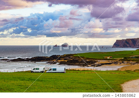 Campervans on sea coast in Asturias Spain. Campervans on sea coast in Asturias Spain. 143803862