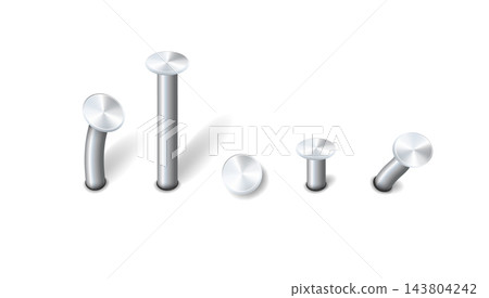 Nails hammered into wall steel straight and bent metal hardware spikes. Hobnails with grey caps top view isolated on transparent background. Vector Nails hammered into wall steel straight and bent metal hardware spikes. Hobnails with grey caps top view isolated on transparent background. Vector 143804242