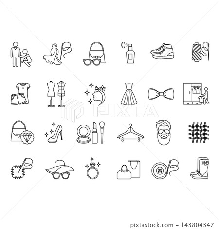 Fashion Icon Set. Vector Icons Tailor, Hanger, Clothes, Shoes, Sewing, Luxury, Style, Fabric, Perfume, Dress, Makeup, Mannequin, Wardrobe, and More Fashion Icon Set. Vector Icons Tailor, Hanger, Clothes, Shoes, Sewing, Luxury, Style, Fabric, Perfume, Dress, Makeup, Mannequin, Wardrobe, and More 143804347