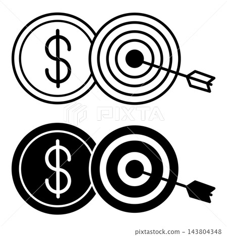 Financial Goals Icons. Black and White Vector Illustrations. Arrow in Target and Dollar Coin. Stock Market Concept Financial Goals Icons. Black and White Vector Illustrations. Arrow in Target and Dollar Coin. Stock Market Concept 143804348