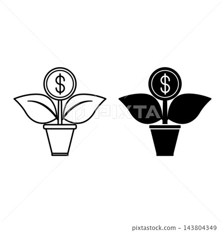 Investment Icons. Black and White Vector Illustrations. Dollar Coin Growing in Flower Pot. Profit from Invested Capital. Stock Market Concept 143804349