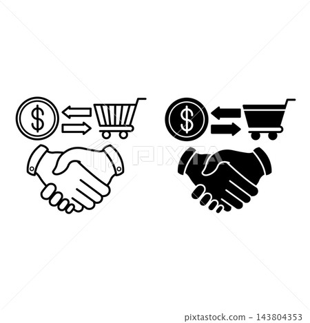 Trading Icons. Black and White Vector Illustrations. Handshake, Dollar Coin, and Shopping Cart. Buying or Selling Goods. Stock Market Concept Trading Icons. Black and White Vector Illustrations. Handshake, Dollar Coin, and Shopping Cart. Buying or Selling Goods. Stock Market Concept 143804353