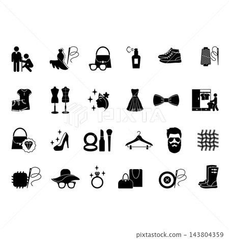 Black Fashion Icon Set. Vector Icons Tailor, Hanger, Clothes, Shoes, Sewing, Luxury, Style, Fabric, Perfume, Dress, Makeup, Mannequin, Wardrobe, and More Black Fashion Icon Set. Vector Icons Tailor, Hanger, Clothes, Shoes, Sewing, Luxury, Style, Fabric, Perfume, Dress, Makeup, Mannequin, Wardrobe, and More 143804359