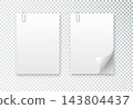 Blank paper sheet in A4 format on transparent background. Notebook page, document with steel paper clip. Vector 143804437