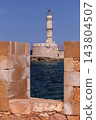 Historic Venetian Lighthouse Behind Stone Wall in Chania, Crete, Greece 143804507
