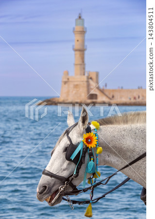 Decorated White Horse with Venetian Lighthouse in Chania, Crete, Greece Decorated White Horse with Venetian Lighthouse in Chania, Crete, Greece 143804511