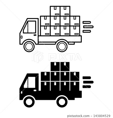 Freight Icons. Black and White Vector Illustrations. Cargo Transportation by Vehicle. Delivery Service. Logistics Concept Freight Icons. Black and White Vector Illustrations. Cargo Transportation by Vehicle. Delivery Service. Logistics Concept 143804529