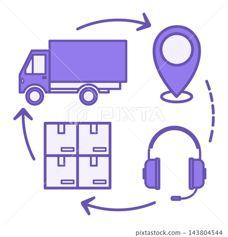 Colored Supply Chain Icon. Vector Illustration. Headphones with Microphone, Cargo, Truck, and Geolocation Icon. Delivery Service Work. Logistics Concept Colored Supply Chain Icon. Vector Illustration. Headphones with Microphone, Cargo, Truck, and Geolocation Icon. Delivery Service Work. Logistics Concept 143804544